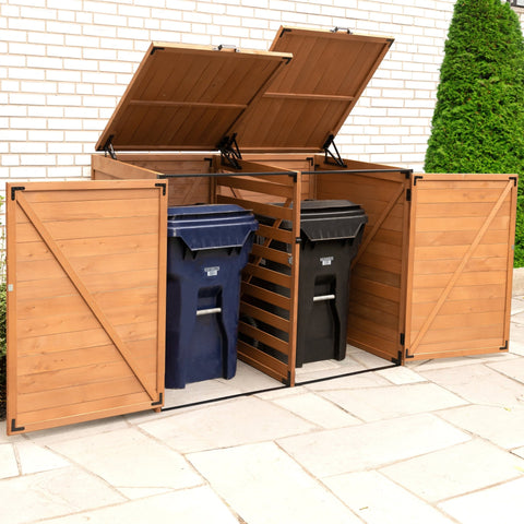 Outdoor Medium Trash & Recycling Storage Shed - Cypress Wood

Garbage Bin Storage Enclosure with Dual Doors and Top Lid

Brown Cypress Wooden Outdoor Garbage Shed for 2 Bins

Weather-Resistant Horizontal Storage Shed for Trash Bins

Durable Wooden Recycling Bin Storage Cabinet for Outdoors