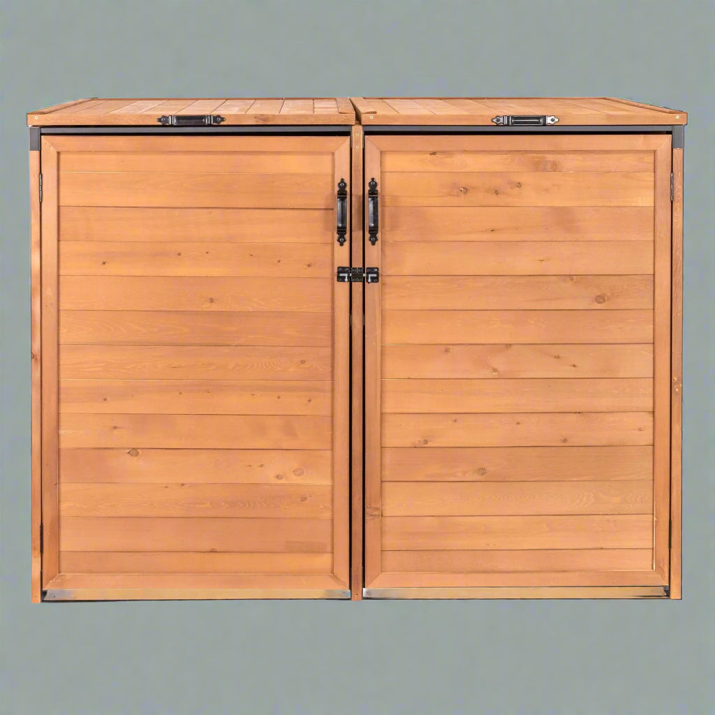 Outdoor Medium Trash & Recycling Storage Shed - Cypress Wood

Garbage Bin Storage Enclosure with Dual Doors and Top Lid

Brown Cypress Wooden Outdoor Garbage Shed for 2 Bins

Weather-Resistant Horizontal Storage Shed for Trash Bins

Durable Wooden Recycling Bin Storage Cabinet for Outdoors