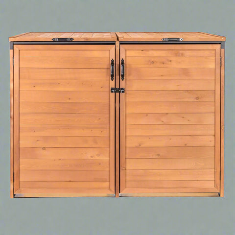 Outdoor Medium Trash & Recycling Storage Shed - Cypress Wood

Garbage Bin Storage Enclosure with Dual Doors and Top Lid

Brown Cypress Wooden Outdoor Garbage Shed for 2 Bins

Weather-Resistant Horizontal Storage Shed for Trash Bins

Durable Wooden Recycling Bin Storage Cabinet for Outdoors