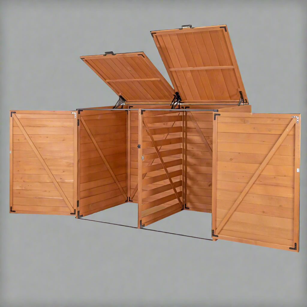 Outdoor Medium Trash & Recycling Storage Shed - Cypress Wood

Garbage Bin Storage Enclosure with Dual Doors and Top Lid

Brown Cypress Wooden Outdoor Garbage Shed for 2 Bins

Weather-Resistant Horizontal Storage Shed for Trash Bins

Durable Wooden Recycling Bin Storage Cabinet for Outdoors