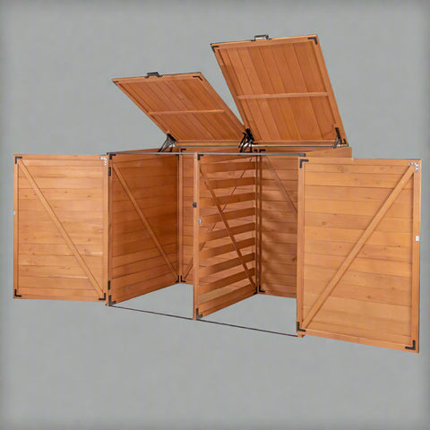 Outdoor Medium Trash & Recycling Storage Shed - Cypress Wood

Garbage Bin Storage Enclosure with Dual Doors and Top Lid

Brown Cypress Wooden Outdoor Garbage Shed for 2 Bins

Weather-Resistant Horizontal Storage Shed for Trash Bins

Durable Wooden Recycling Bin Storage Cabinet for Outdoors
