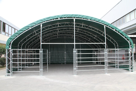 large horse and animal fabric livestock shelter with green canopy

40x40x16 ft livestock shelter with steel frame for farm use

durable green canopy shelter for animals and hay storage

portable barn for cattle and horses with weatherproof cover

livestock storage structure for farm equipment and feed

