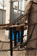 Closed-front hunting deer tree stand with Mossy Oak camo finish
Portable lightweight climbing tree stand for bowhunting
Steel frame deer stand setup on a tree outdoors
Deer stand footrest and seat dimensions close-up
Tree stand frame showing foldable design for easy transport