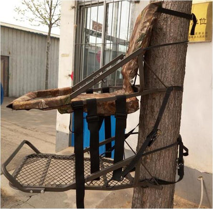 Closed-front hunting deer tree stand with Mossy Oak camo finish
Portable lightweight climbing tree stand for bowhunting
Steel frame deer stand setup on a tree outdoors
Deer stand footrest and seat dimensions close-up
Tree stand frame showing foldable design for easy transport