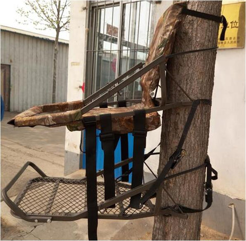Closed-front hunting deer tree stand with Mossy Oak camo finish
Portable lightweight climbing tree stand for bowhunting
Steel frame deer stand setup on a tree outdoors
Deer stand footrest and seat dimensions close-up
Tree stand frame showing foldable design for easy transport