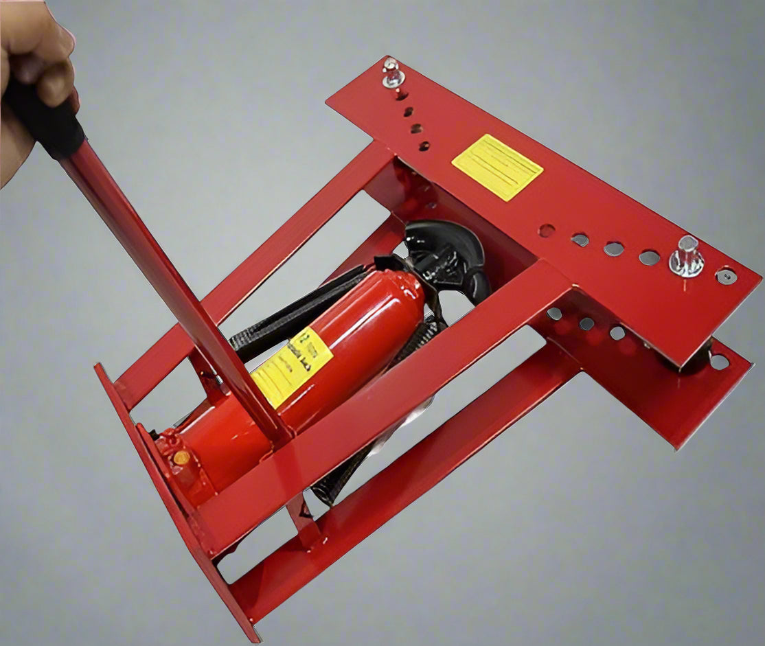 Hydraulic 12-Ton Pipe Bender in Red with Handle – Side View