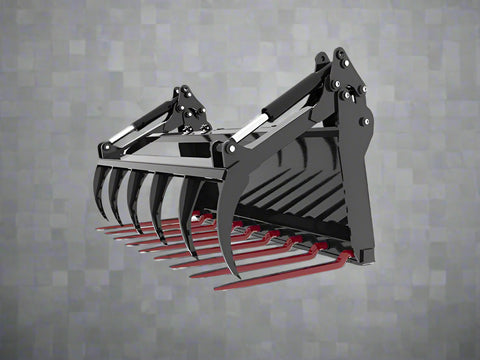 Main Image: 72” manure grapple fork for skid steer with hydraulic claws

Side view of dual grapple arms open

Grapple in closed position for transport

Grapple fork mounted on a skid steer loader
