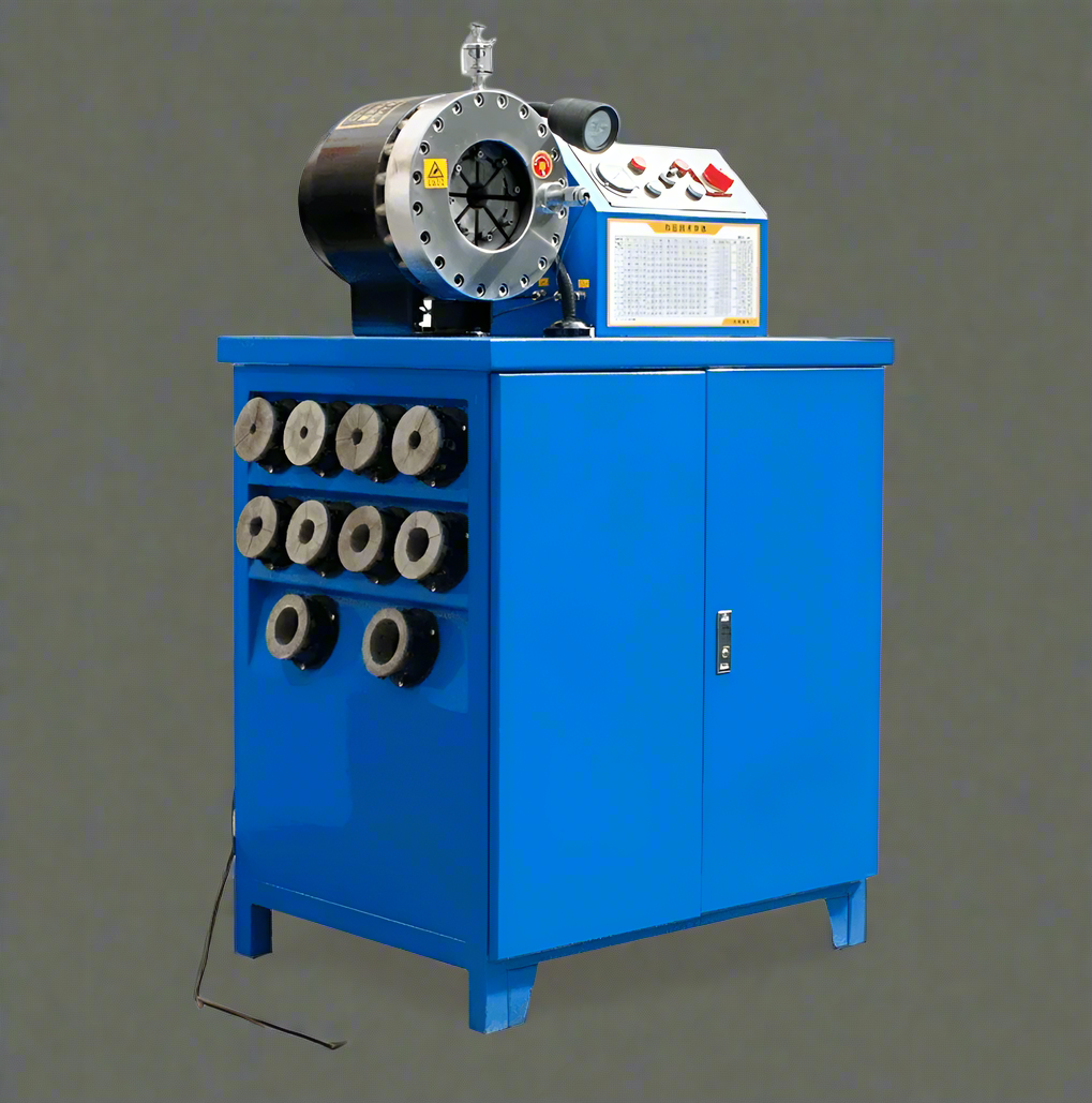 Hydraulic hose crimping machine full view

400 ton hydraulic hose press with tool cabinet

Close-up of hose crimp die sets

Hose crimping tool with 10L oil pump

Industrial hydraulic press for 6–51mm hoses