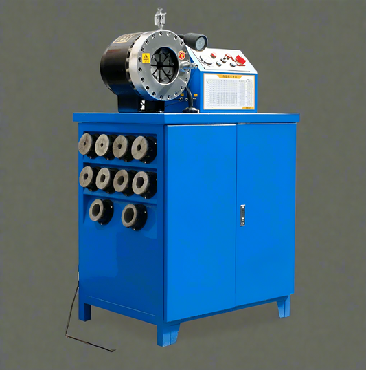 Hydraulic hose crimping machine full view

400 ton hydraulic hose press with tool cabinet

Close-up of hose crimp die sets

Hose crimping tool with 10L oil pump

Industrial hydraulic press for 6–51mm hoses