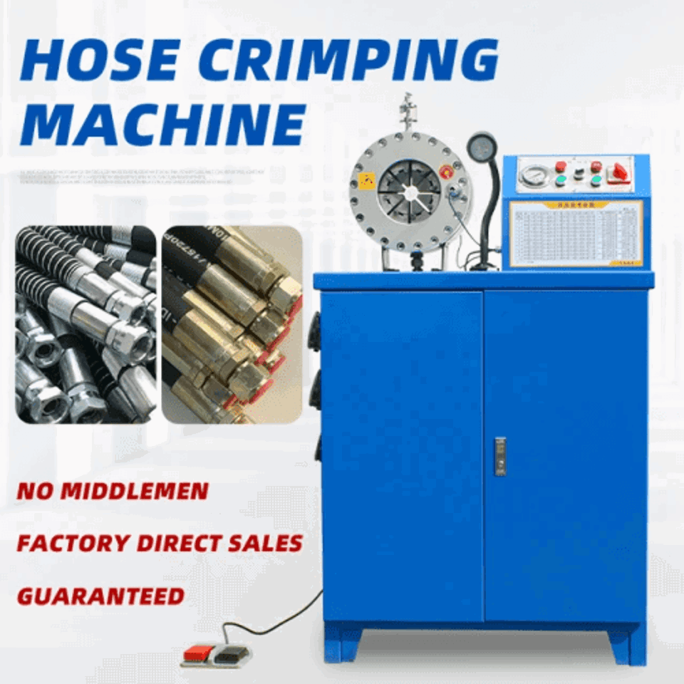 Hydraulic hose crimping machine full view

400 ton hydraulic hose press with tool cabinet

Close-up of hose crimp die sets

Hose crimping tool with 10L oil pump

Industrial hydraulic press for 6–51mm hoses