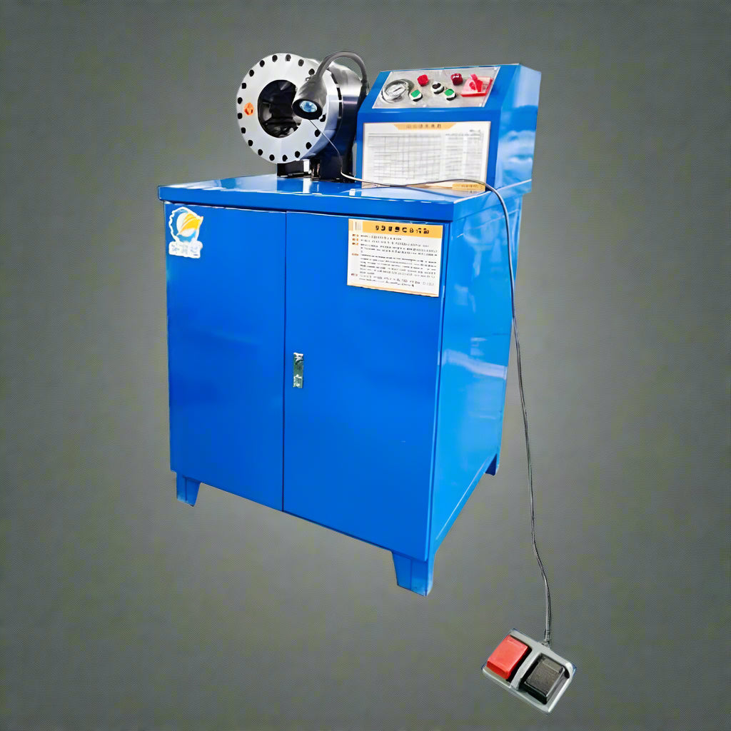 Hydraulic hose crimping machine full view

400 ton hydraulic hose press with tool cabinet

Close-up of hose crimp die sets

Hose crimping tool with 10L oil pump

Industrial hydraulic press for 6–51mm hoses