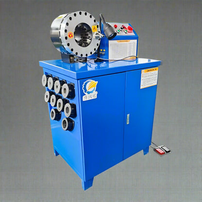 Hydraulic hose crimping machine full view

400 ton hydraulic hose press with tool cabinet

Close-up of hose crimp die sets

Hose crimping tool with 10L oil pump

Industrial hydraulic press for 6–51mm hoses