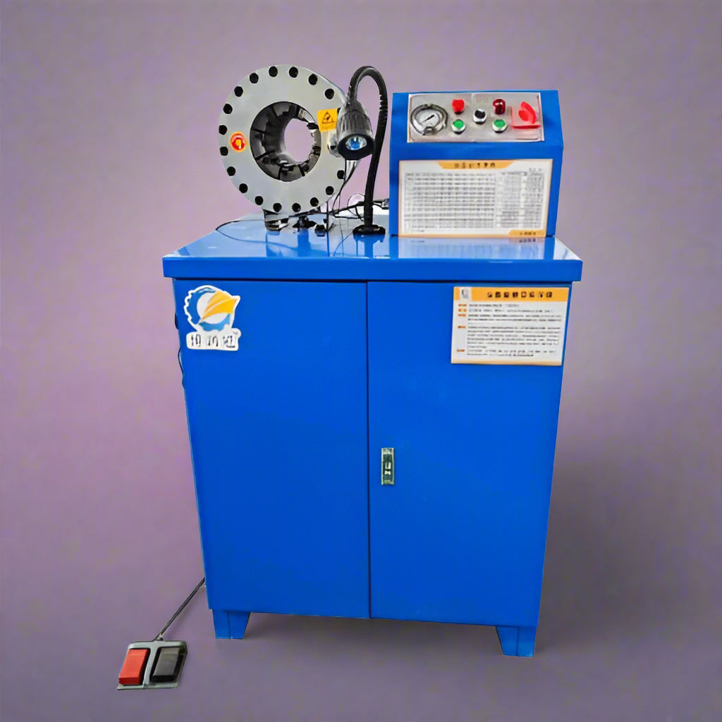 Hydraulic hose crimping machine full view

400 ton hydraulic hose press with tool cabinet

Close-up of hose crimp die sets

Hose crimping tool with 10L oil pump

Industrial hydraulic press for 6–51mm hoses