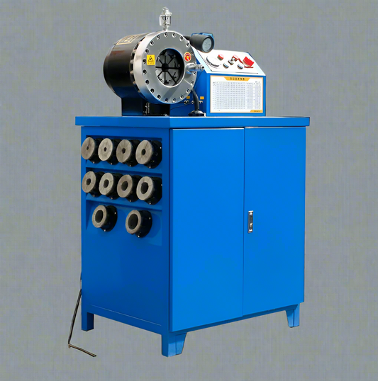 Hydraulic hose crimping machine full view

400 ton hydraulic hose press with tool cabinet

Close-up of hose crimp die sets

Hose crimping tool with 10L oil pump

Industrial hydraulic press for 6–51mm hoses