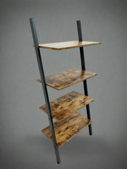 "4-tier industrial ladder bookshelf with rustic brown shelves and black metal frame – Model TLB2106"