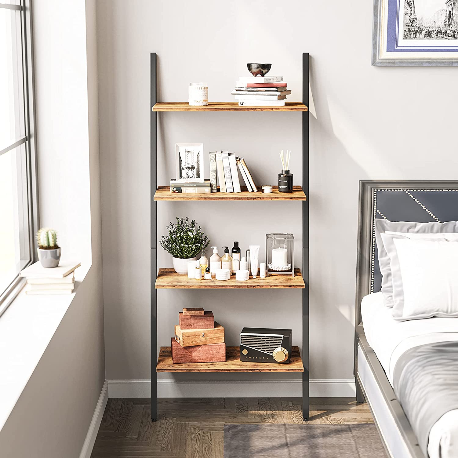 "4-tier industrial ladder bookshelf with rustic brown shelves and black metal frame – Model TLB2106"