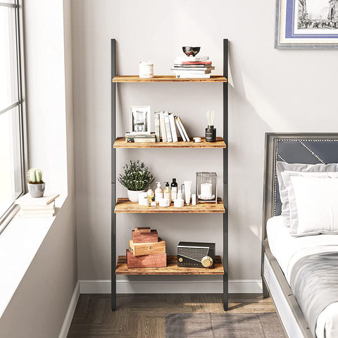 "4-tier industrial ladder bookshelf with rustic brown shelves and black metal frame – Model TLB2106"