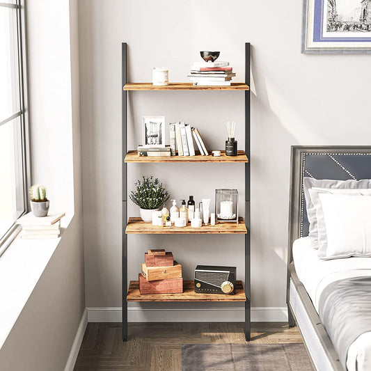"4-tier industrial ladder bookshelf with rustic brown shelves and black metal frame – Model TLB2106"