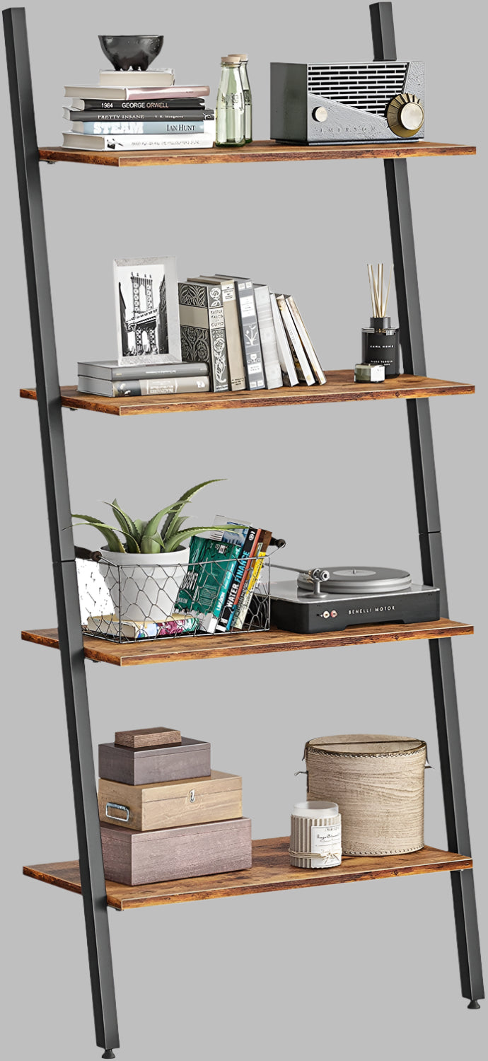 "4-tier industrial ladder bookshelf with rustic brown shelves and black metal frame – Model TLB2106"
