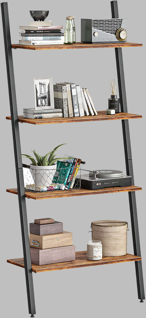 "4-tier industrial ladder bookshelf with rustic brown shelves and black metal frame – Model TLB2106"