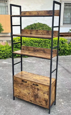 Industrial 3-Tier Bookcase with 2 Storage Cabinets – Rustic Metal & Wood Ladder Shelf TLBC2103