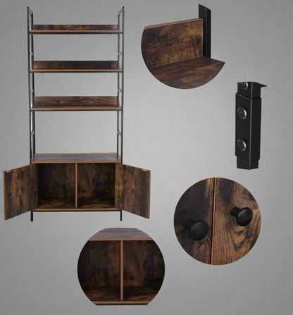"Industrial 3-tier bookcase with wood shelves and double-door storage cabinets – rustic ladder shelf design – Model TLBC2103"