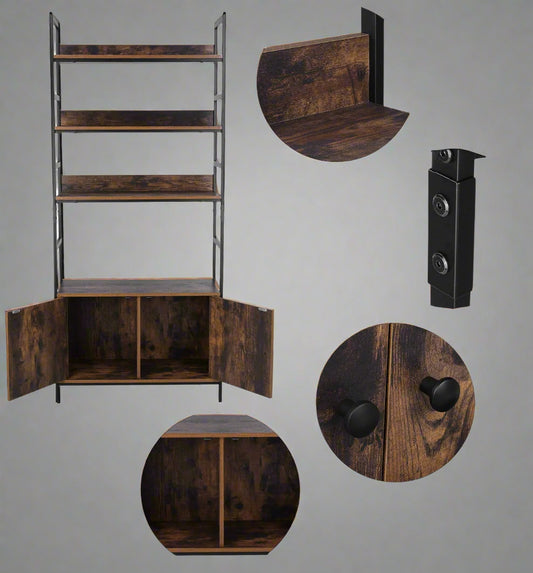 "Industrial 3-tier bookcase with wood shelves and double-door storage cabinets – rustic ladder shelf design – Model TLBC2103"