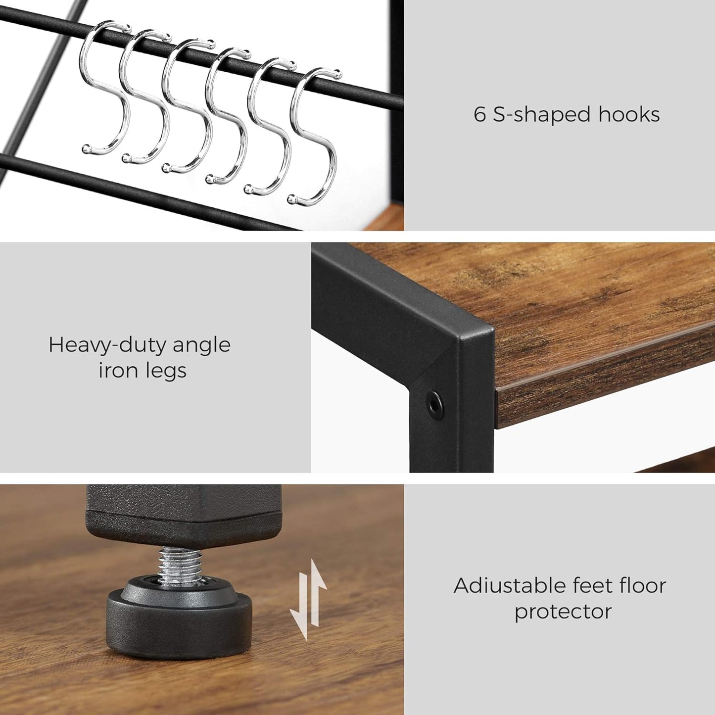 Industrial kitchen bakers rack with microwave shelf
3-tier metal kitchen rack with wooden shelves
Bakers rack with mesh baskets and utensil hooks
Microwave-ready kitchen organizer with rustic wood finish
Side view of heavy-duty kitchen storage rack