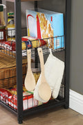 Industrial kitchen bakers rack with microwave shelf
3-tier metal kitchen rack with wooden shelves
Bakers rack with mesh baskets and utensil hooks
Microwave-ready kitchen organizer with rustic wood finish
Side view of heavy-duty kitchen storage rack