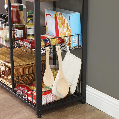 Industrial kitchen bakers rack with microwave shelf
3-tier metal kitchen rack with wooden shelves
Bakers rack with mesh baskets and utensil hooks
Microwave-ready kitchen organizer with rustic wood finish
Side view of heavy-duty kitchen storage rack
