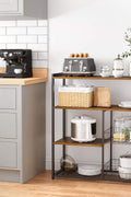 Industrial kitchen bakers rack with microwave shelf
3-tier metal kitchen rack with wooden shelves
Bakers rack with mesh baskets and utensil hooks
Microwave-ready kitchen organizer with rustic wood finish
Side view of heavy-duty kitchen storage rack
