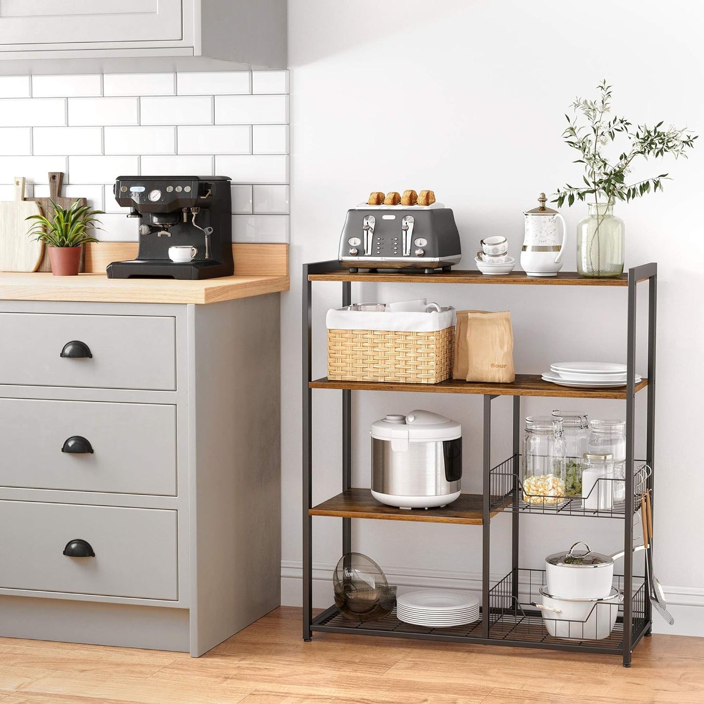 Industrial kitchen bakers rack with microwave shelf
3-tier metal kitchen rack with wooden shelves
Bakers rack with mesh baskets and utensil hooks
Microwave-ready kitchen organizer with rustic wood finish
Side view of heavy-duty kitchen storage rack