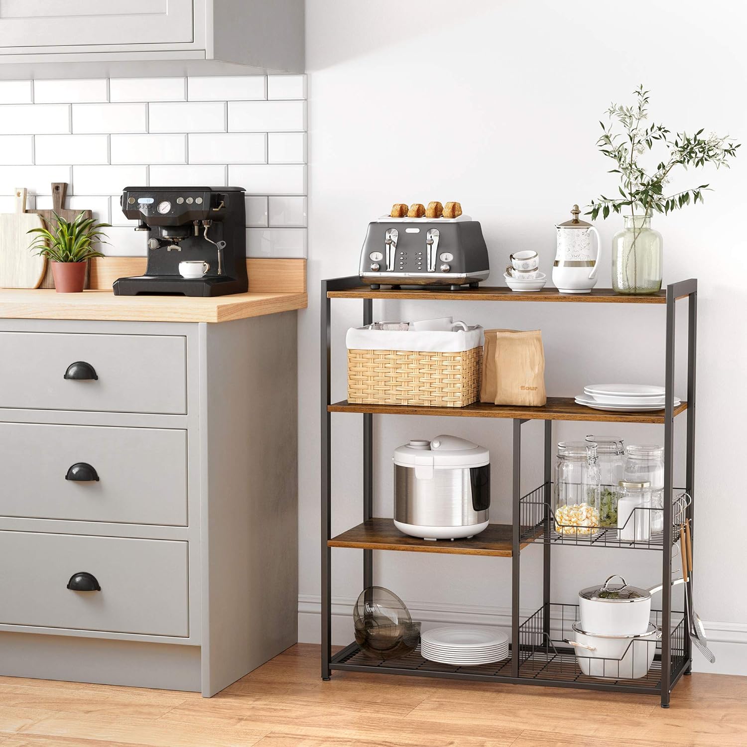 Industrial kitchen bakers rack with microwave shelf
3-tier metal kitchen rack with wooden shelves
Bakers rack with mesh baskets and utensil hooks
Microwave-ready kitchen organizer with rustic wood finish
Side view of heavy-duty kitchen storage rack