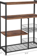 Industrial kitchen bakers rack with microwave shelf
3-tier metal kitchen rack with wooden shelves
Bakers rack with mesh baskets and utensil hooks
Microwave-ready kitchen organizer with rustic wood finish
Side view of heavy-duty kitchen storage rack