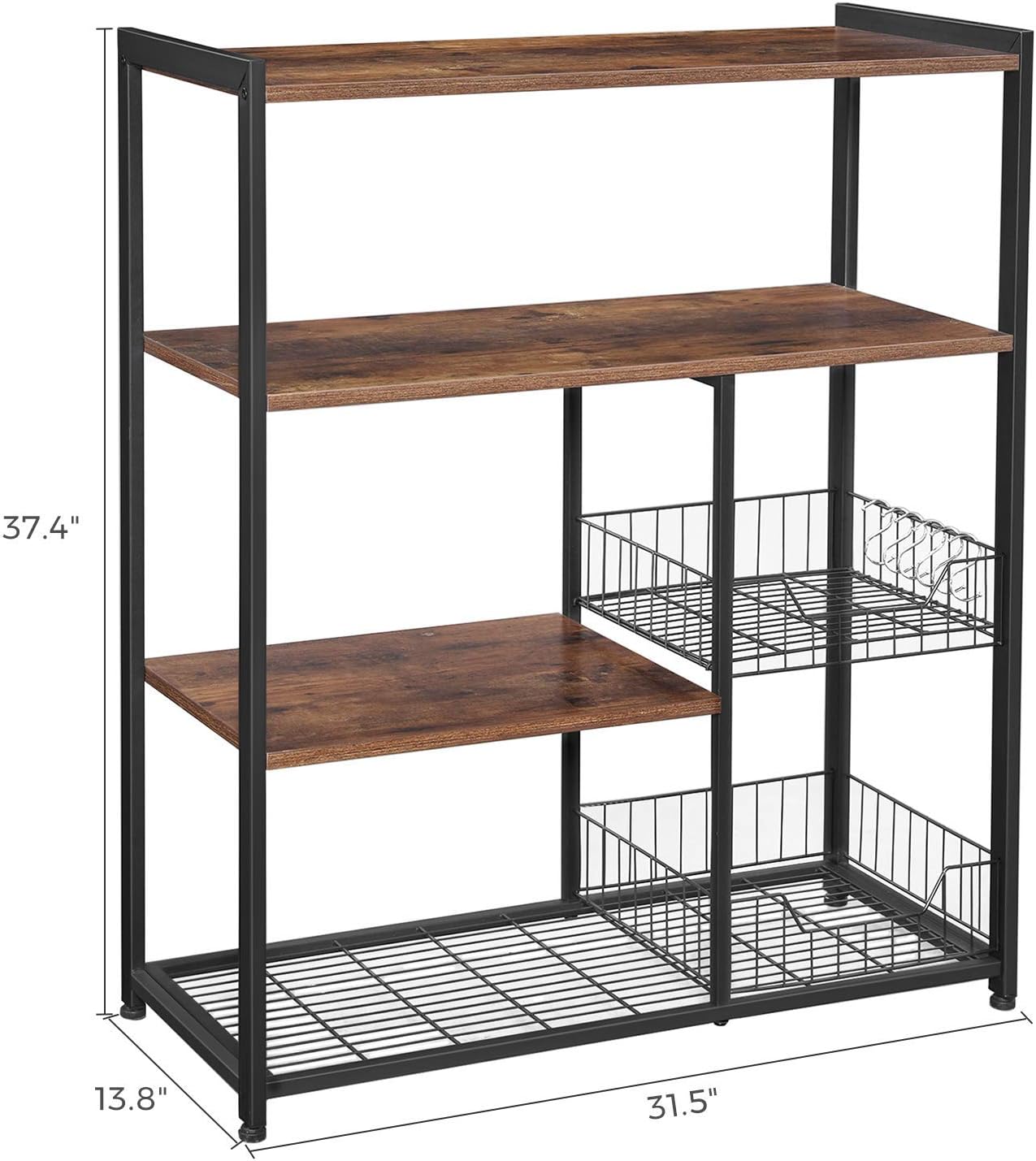 Industrial kitchen bakers rack with microwave shelf
3-tier metal kitchen rack with wooden shelves
Bakers rack with mesh baskets and utensil hooks
Microwave-ready kitchen organizer with rustic wood finish
Side view of heavy-duty kitchen storage rack