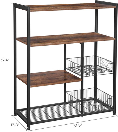 Industrial kitchen bakers rack with microwave shelf
3-tier metal kitchen rack with wooden shelves
Bakers rack with mesh baskets and utensil hooks
Microwave-ready kitchen organizer with rustic wood finish
Side view of heavy-duty kitchen storage rack