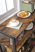 Industrial kitchen bakers rack with microwave shelf
3-tier metal kitchen rack with wooden shelves
Bakers rack with mesh baskets and utensil hooks
Microwave-ready kitchen organizer with rustic wood finish
Side view of heavy-duty kitchen storage rack