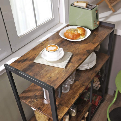 Industrial kitchen bakers rack with microwave shelf
3-tier metal kitchen rack with wooden shelves
Bakers rack with mesh baskets and utensil hooks
Microwave-ready kitchen organizer with rustic wood finish
Side view of heavy-duty kitchen storage rack