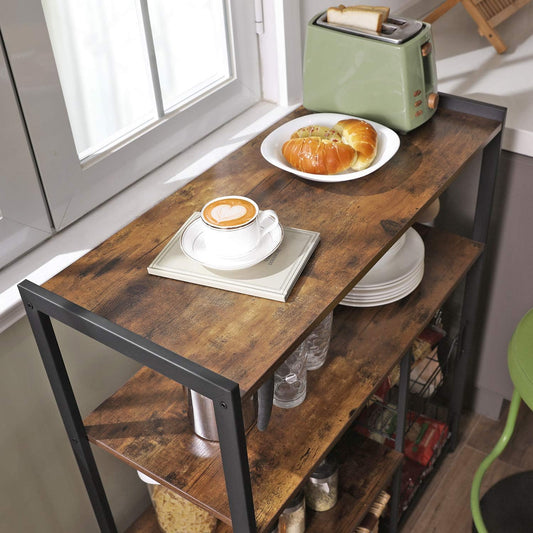 Industrial kitchen bakers rack with microwave shelf
3-tier metal kitchen rack with wooden shelves
Bakers rack with mesh baskets and utensil hooks
Microwave-ready kitchen organizer with rustic wood finish
Side view of heavy-duty kitchen storage rack