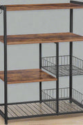 Industrial kitchen bakers rack with microwave shelf
3-tier metal kitchen rack with wooden shelves
Bakers rack with mesh baskets and utensil hooks
Microwave-ready kitchen organizer with rustic wood finish
Side view of heavy-duty kitchen storage rack