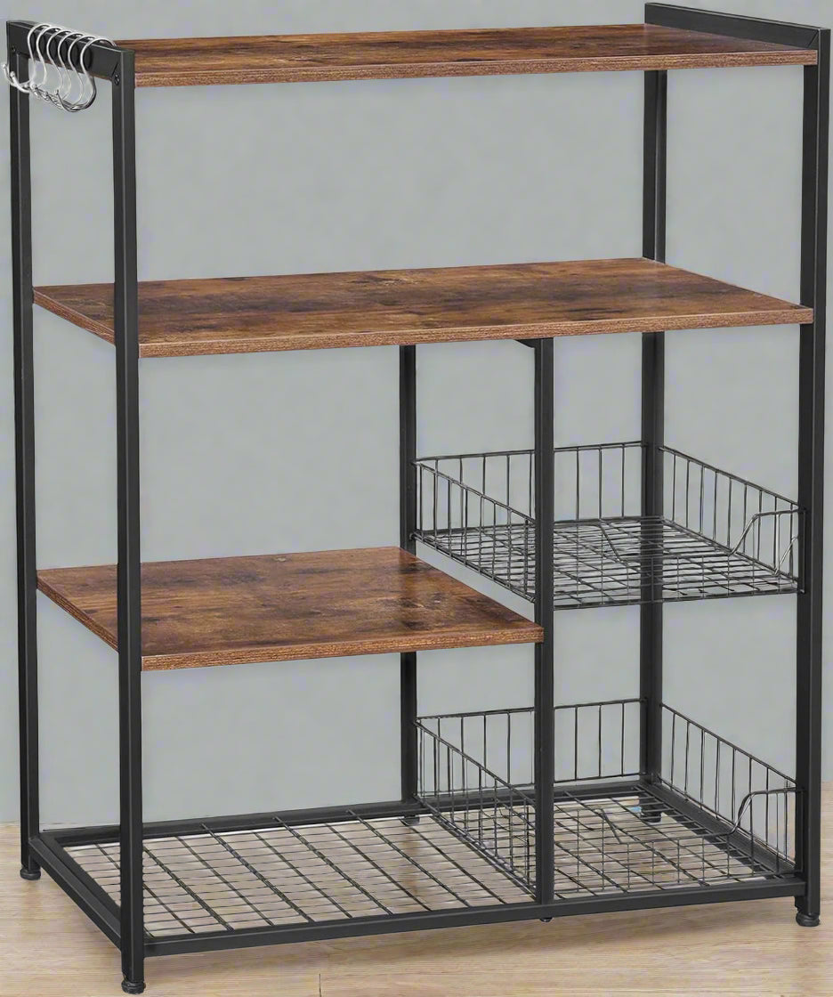 Industrial kitchen bakers rack with microwave shelf
3-tier metal kitchen rack with wooden shelves
Bakers rack with mesh baskets and utensil hooks
Microwave-ready kitchen organizer with rustic wood finish
Side view of heavy-duty kitchen storage rack