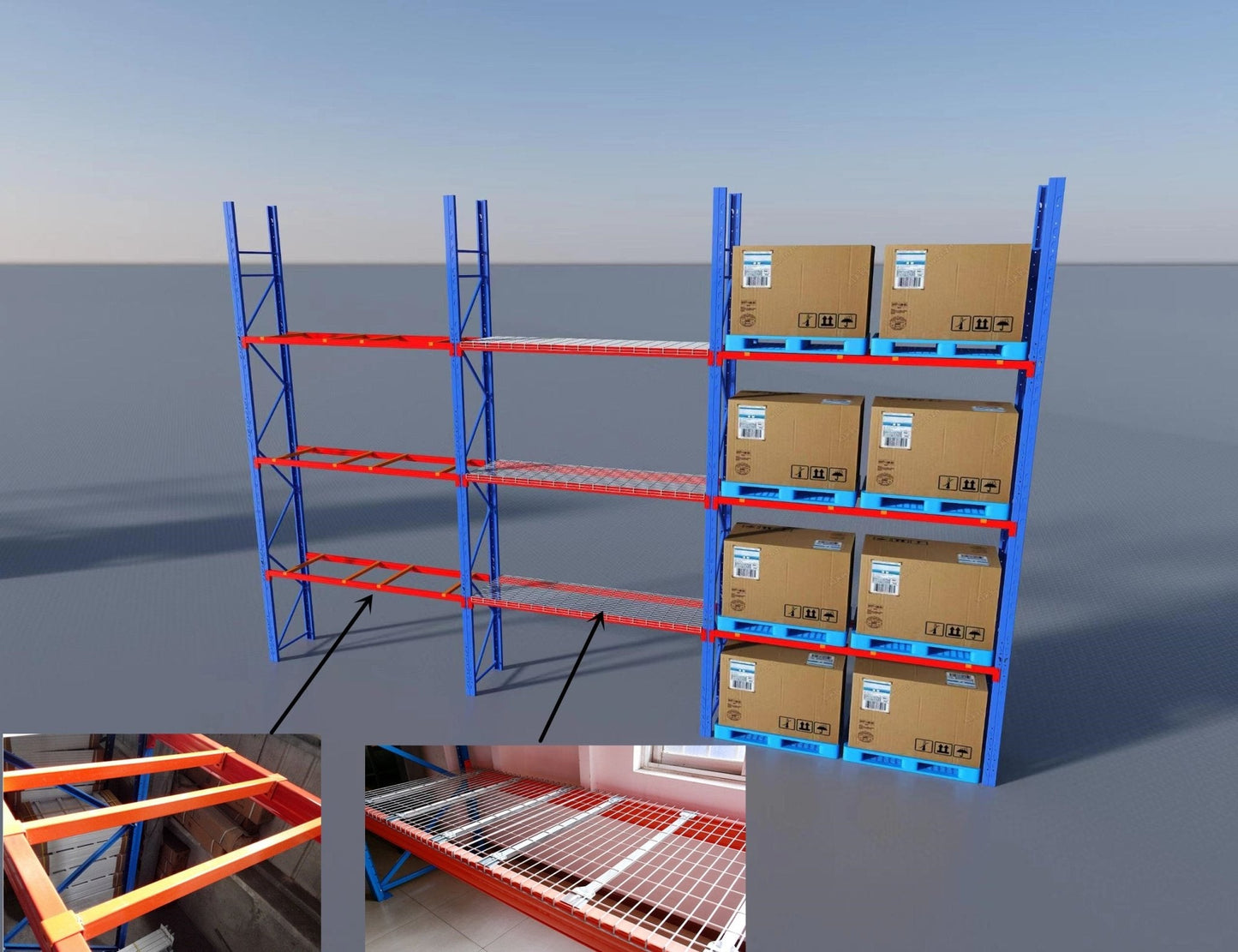 industrial pallet racking with boxes
steel warehouse shelving 8ft to 20ft
heavy-duty pallet racking system
expansion bay pallet rack
wire mesh panels for pallet racking