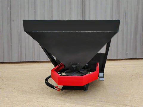 Skid Steer Tilt-N-Scoop Material Spreader front view
Side profile of spreader mounted on skid steer
Hydraulic spreader with sidewalk shield
Top view of hopper and agitator
Spreader attachment in action with sand