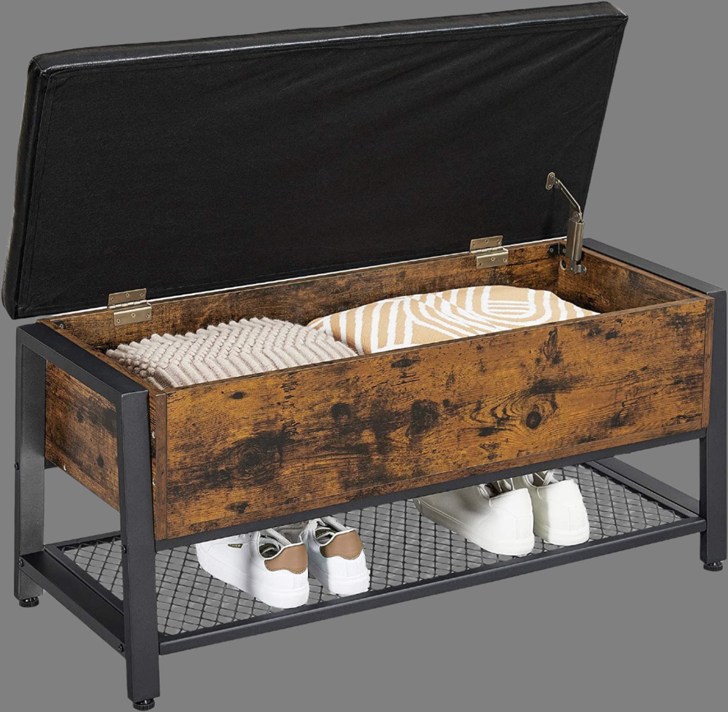 "Industrial storage bench with black metal frame, tufted seat, open shelf, and trunk compartment – Model LSB47BX"