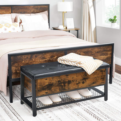 "Industrial storage bench with black metal frame, tufted seat, open shelf, and trunk compartment – Model LSB47BX"