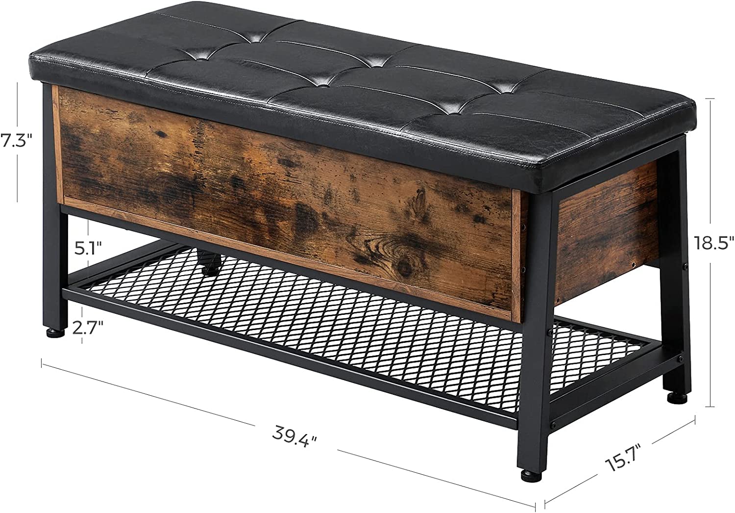 "Industrial storage bench with black metal frame, tufted seat, open shelf, and trunk compartment – Model LSB47BX"