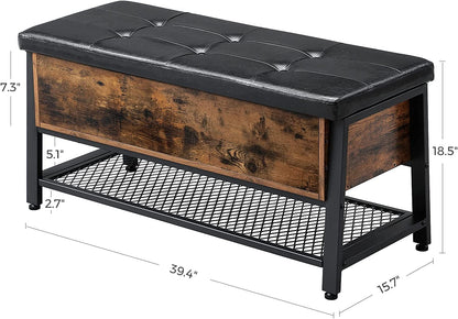 "Industrial storage bench with black metal frame, tufted seat, open shelf, and trunk compartment – Model LSB47BX"