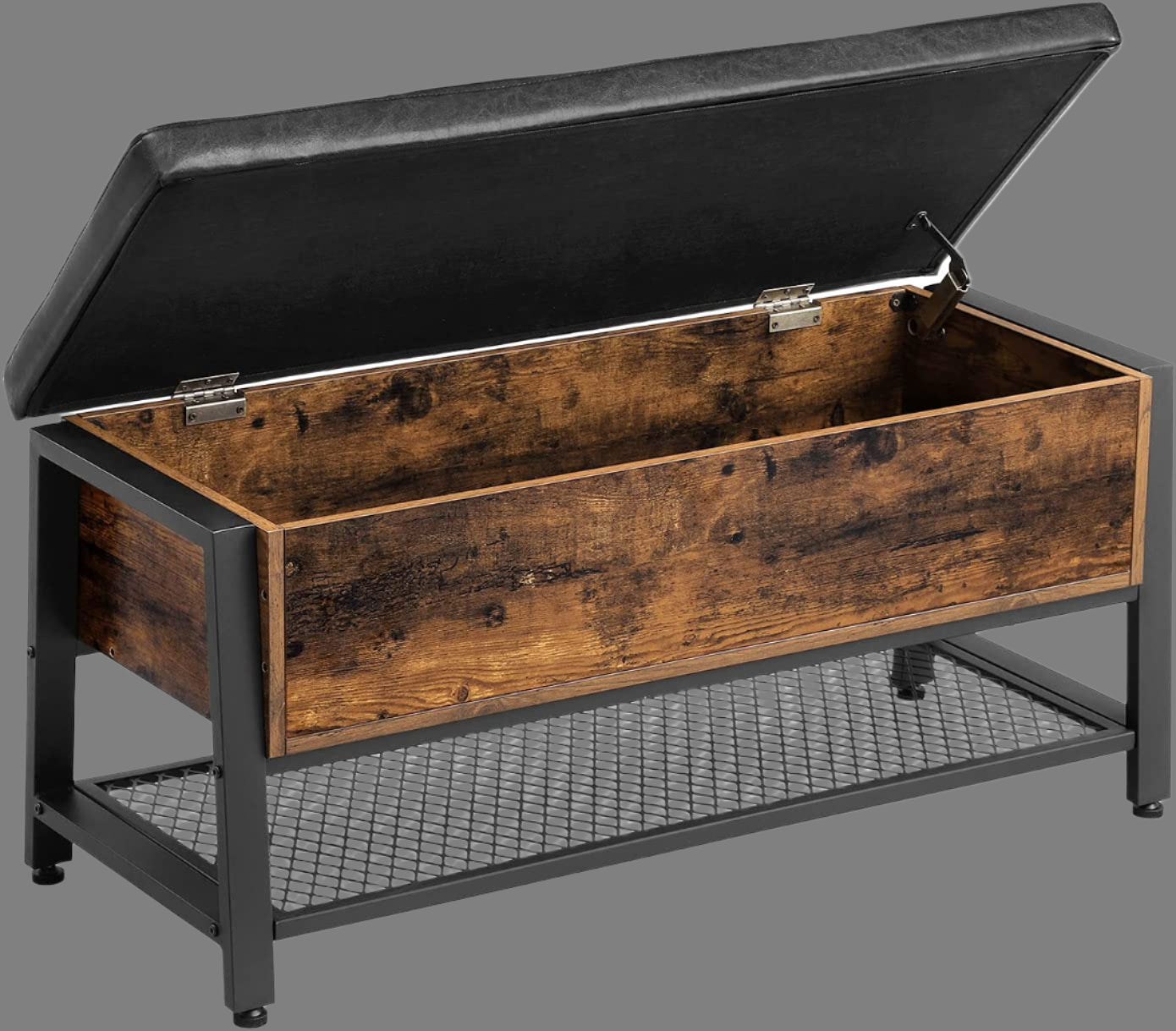 "Industrial storage bench with black metal frame, tufted seat, open shelf, and trunk compartment – Model LSB47BX"