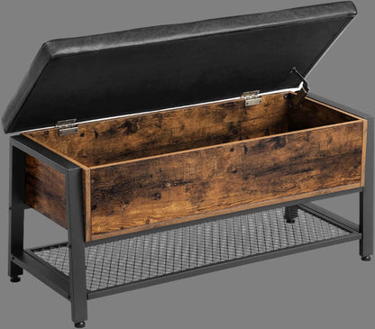 "Industrial storage bench with black metal frame, tufted seat, open shelf, and trunk compartment – Model LSB47BX"