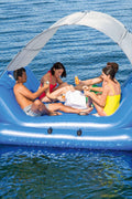 4-seat inflatable island float with sunshade
floating pool lounge with built-in cup holders
relaxing inflatable float for adults
inflatable pool island with cooler and speaker
heavy-duty lake float for 4 people